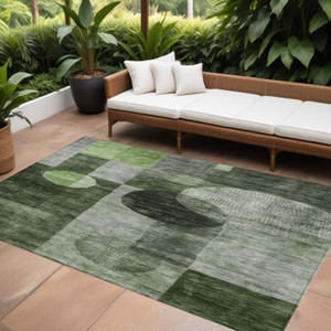 10' X 14' Fern Green And Gray Geometric Washable Indoor Outdoor Area Rug