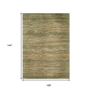 9' X 12' Fern Green And Taupe Abstract Washable Indoor Outdoor Area Rug