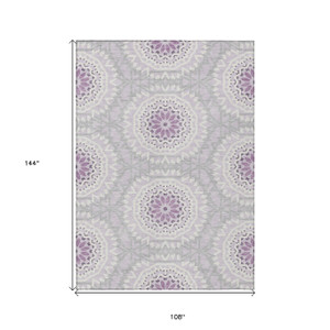 9' X 12' Lilac Purple And Ivory Floral Medallion Washable Indoor Outdoor Area Rug