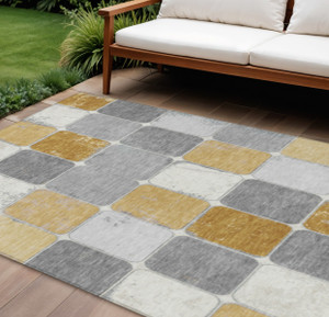 10' X 14' Gold And Gray Geometric Washable Indoor Outdoor Area Rug - Gold, Gray