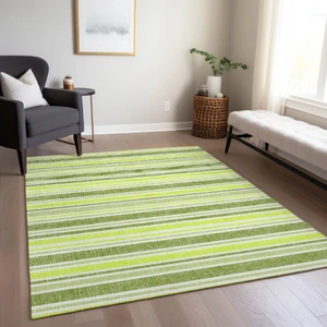 9' X 12' Green and Yellow Striped Washable Indoor Outdoor Area Rug