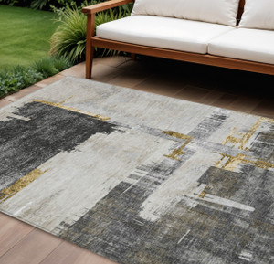 9' X 12' Gray And Tan Abstract Washable Indoor Outdoor Area Rug