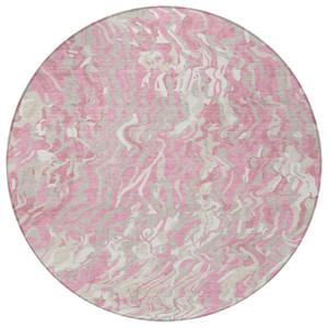 8' Pink Gray And Ivory Round Abstract Washable Indoor Outdoor Area Rug