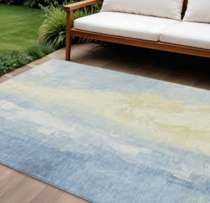 10' X 14' Denim Blue And Beige Abstract Washable Indoor Outdoor Area Rug