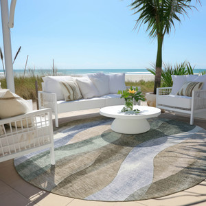 8' Beige And Denim Blue Round Abstract Washable Indoor Outdoor Area Rug