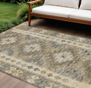 10' X 14' Beige Geometric Washable Indoor Outdoor Area Rug