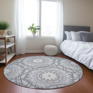 8' Silver Ivory And Gray Round Floral Medallion Washable Indoor Outdoor Area Rug