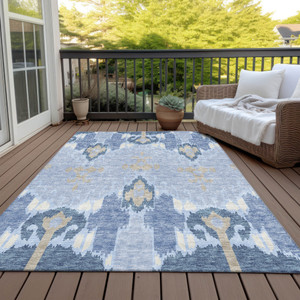 8' X 10' Sky Blue Denim Blue And Ivory Ikat Washable Indoor Outdoor Area Rug