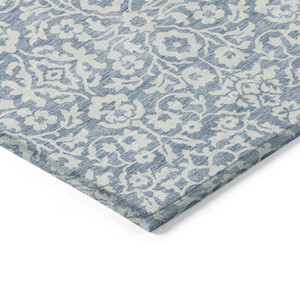 9' X 12' Denim Blue And Ivory Damask Washable Indoor Outdoor Area Rug