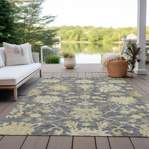 10' X 14' Gray Ivory And Green Floral Washable Indoor Outdoor Area Rug