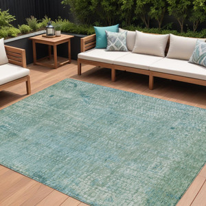 8' X 10' Teal Blue And Ivory Abstract Washable Indoor Outdoor Area Rug - 880016771923