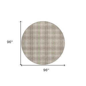 8' Beige Ivory And Green Round Plaid Washable Indoor Outdoor Area Rug
