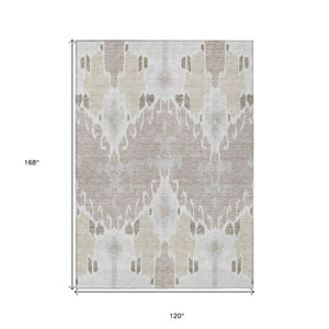 10' X 14' Ivory Beige And Taupe Ikat Washable Indoor Outdoor Area Rug