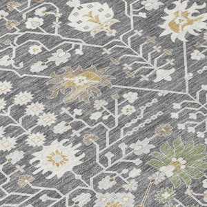 9' X 12' Charcoal Ivory And Green Oriental Washable Indoor Outdoor Area Rug