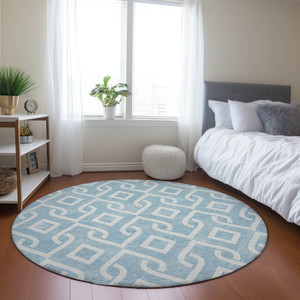 8' Sky Blue And Ivory Round Geometric Washable Indoor Outdoor Area Rug