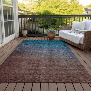8' X 10' Teal Blue Chocolate And Charcoal Ombre Washable Indoor Outdoor Area Rug