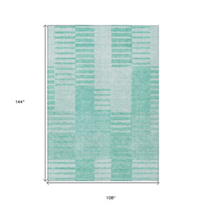 9' X 12' Teal Blue Aqua And Ivory Striped Washable Indoor Outdoor Area Rug