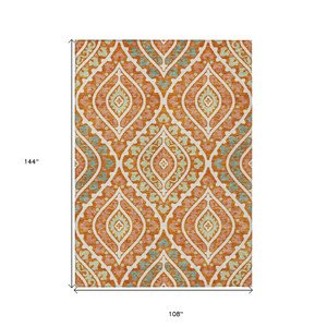 9' X 12' Orange Peach And Ivory Floral Washable Indoor Outdoor Area Rug