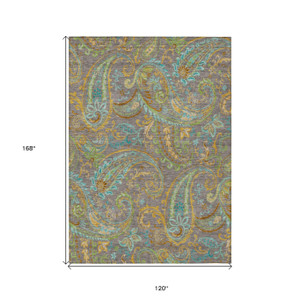 10' X 14' Taupe Paisley Washable Non Skid Indoor Outdoor Area Rug