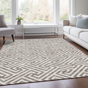 9' X 12' Taupe And Ivory Geometric Washable Indoor Outdoor Area Rug - 608219023294