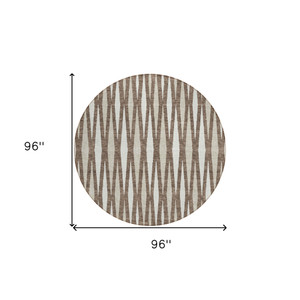 8' Brown And Ivory Round Geometric Washable Indoor Outdoor Area Rug - 608219296377