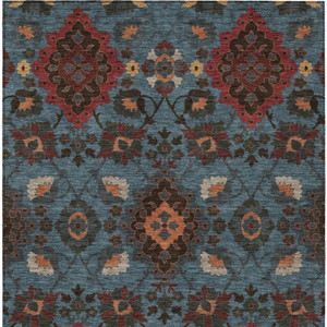 8' X 10' Denim Blue Brick Red And Brown Oriental Washable Indoor Outdoor Area Rug
