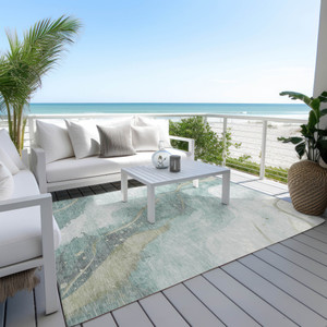 9' X 12' Teal Blue And Aqua Abstract Washable Indoor Outdoor Area Rug - 880016562866