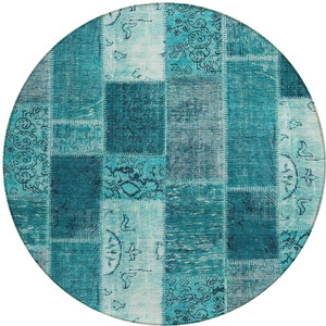 8' Teal Blue Aqua And Turquoise Round Patchwork Washable Indoor Outdoor Area Rug
