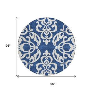 8' Navy Blue And Ivory Round Damask Washable Indoor Outdoor Area Rug