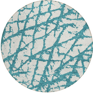 8' Teal Blue And Ivory Round Abstract Washable Indoor Outdoor Area Rug - 880016607253