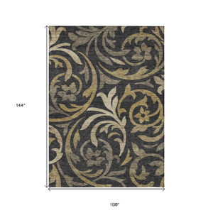 9' X 12' Black Taupe And Gold Floral Washable Indoor Outdoor Area Rug