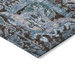 9' X 12' Chocolate And Aqua Damask Washable Indoor Outdoor Area Rug
