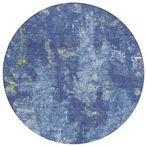 8' Navy Blue And Denim Blue Round Abstract Washable Indoor Outdoor Area Rug - 880016615579