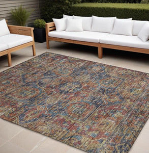 8' X 10' Red Orange And Blue Oriental Washable Indoor Outdoor Area Rug - Red, Orange, Blue