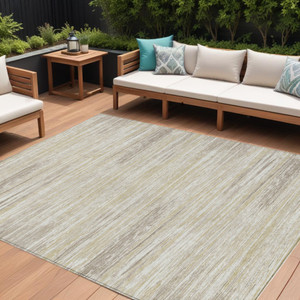 10' X 14' Beige Brown And Ivory Striped Washable Indoor Outdoor Area Rug