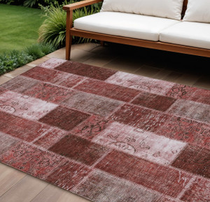 8' X 10' Burgundy Merlot And Blush Patchwork Washable Indoor Outdoor Area Rug