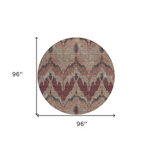 8' Burgundy Beige And Charcoal Round Ikat Washable Indoor Outdoor Area Rug