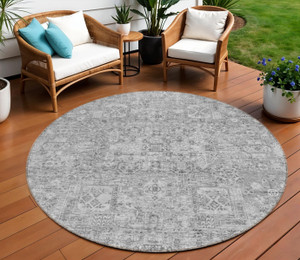 8' Gray Silver And Charcoal Round Floral Washable Indoor Outdoor Area Rug