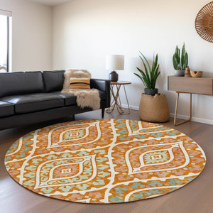 8' Orange Peach And Ivory Round Floral Washable Indoor Outdoor Area Rug