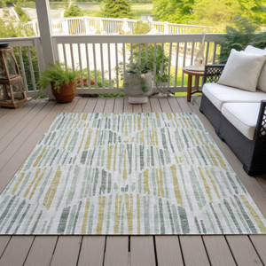 9' X 12' Sage Artichoke Green And Gold Abstract Washable Indoor Outdoor Area Rug