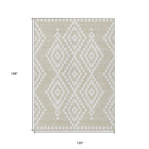 10' X 14' Beige And Ivory Geometric Washable Indoor Outdoor Area Rug - 608219232757
