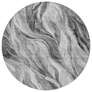 8' Gray Charcoal And Ivory Round Abstract Washable Indoor Outdoor Area Rug