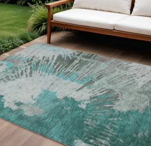 10' X 14' Dark Green Aqua And Gray Abstract Washable Indoor Outdoor Area Rug