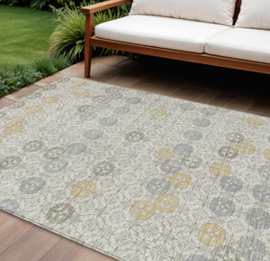 8' X 10' Ivory And Gold Geometric Washable Indoor Outdoor Area Rug