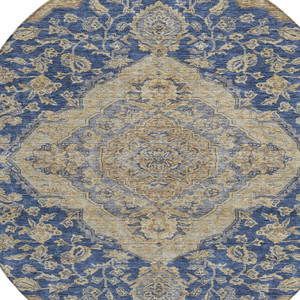 8' Navy Blue Beige And Brown Round Oriental Washable Indoor Outdoor Area Rug