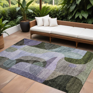 8' X 10' Olive Green Purple And Charcoal Abstract Washable Indoor Outdoor Area Rug