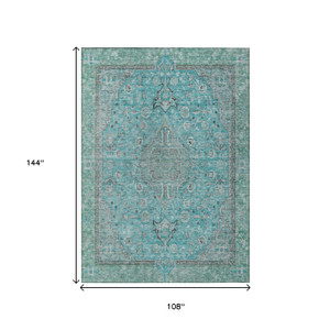 9' X 12' Aqua And Teal Blue Medallion Washable Indoor Outdoor Area Rug - Aqua, Teal Blue