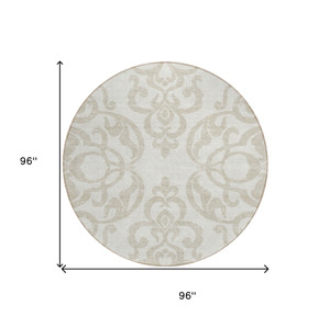 8' Ivory And Beige Round Damask Washable Indoor Outdoor Area Rug