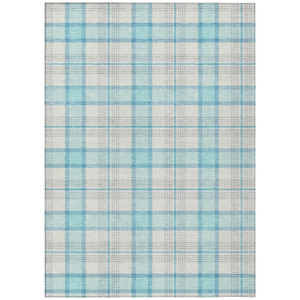 9' X 12' Aqua And Gray Plaid Washable Indoor Outdoor Area Rug