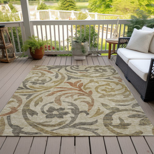 10' X 14' Beige Taupe And Copper Floral Washable Indoor Outdoor Area Rug